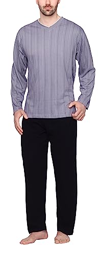 Moonline - Herren Schlafanzug lang aus 100% Baumwolle mit V-Ausschnitt und Streifen-Design, Farbe:Streifen-Druck auf grau, Größe:46-48 von Moonline