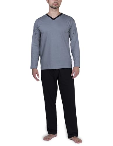 Moonline - Herren Schlafanzug lang aus 100% Baumwolle mit V-Ausschnitt und Streifen-Design, Farbe:grau, Größe:L von Moonline