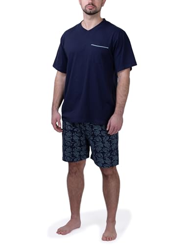 Moonline - Herren Shorty Schlafanzug kurz Pyjama mit Karierter Hose aus 100% Baumwolle, Farbe:Navy_Dark, Größe:L von Moonline