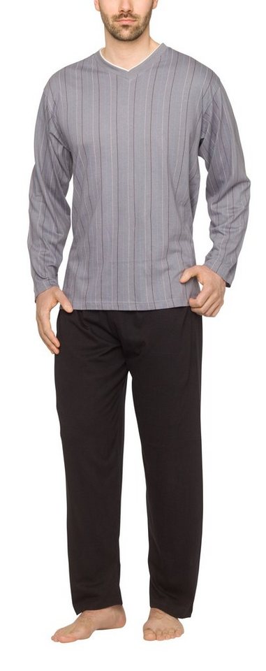 Moonline Pyjama Herren Schlafanzug lang aus 100% Baumwolle mit V-Ausschnitt und Streifen-Design von Moonline