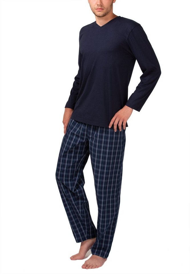 Moonline Pyjama Herren Schlafanzug mit Webhose aus 100% Baumwolle von Moonline