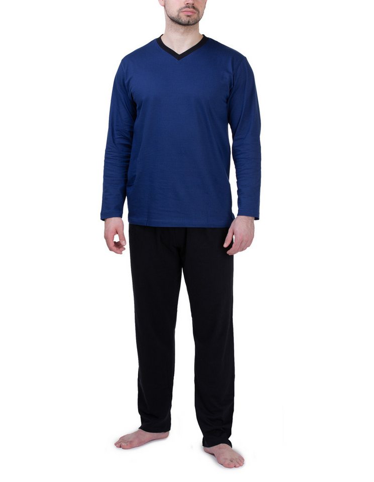 Moonline Pyjama Schlafanzug lang, 100% Baumwolle mit V-Ausschnitt und Streifen-Design von Moonline