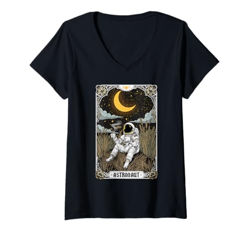 Damen Astronaut Mond Kaffee Kosmische Nacht Gelassenheit Raumstation T-Shirt mit V-Ausschnitt von Moonlit Astronaut Cosmic Night Brew Space Suit