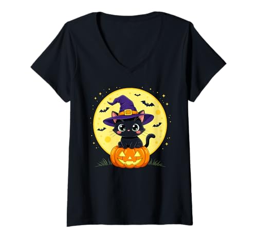 Damen Schwarze Katze Halloween Hexenhut Kürbis Mond T-Shirt mit V-Ausschnitt Damen Schwarze Katze Halloween Hexenhut Kürbis Mond T-Shirt mit V-Ausschnitt von Moonlit Black Cat Halloween