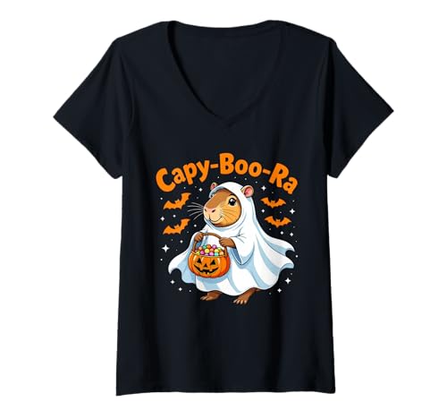 Damen Capy Boo Ra Halloween-Geister-Capybara-Süßigkeit T-Shirt mit V-Ausschnitt Damen Capy Boo Ra Halloween-Geister-Capybara-Süßigkeit T-Shirt mit V-Ausschnitt von Moonlit Capybara Halloween