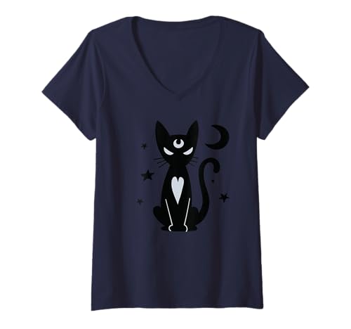 Damen Gotische, hexenhafte Schwarze Katze mit Mond, mystische Sterne, Nachtkunst T-Shirt mit V-Ausschnitt Damen Gotische, hexenhafte Schwarze Katze mit Mond, mystische Sterne, Nachtkunst T-Shirt mit V-Ausschnitt von Moonlit Cat Designs