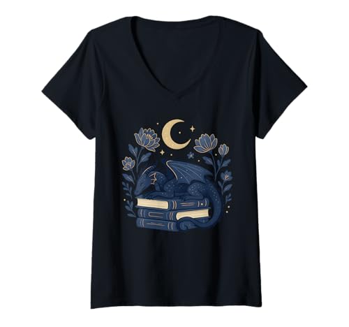 Damen Drachenlesung unter Mond Fantasy Art T-Shirt mit V-Ausschnitt Damen Drachenlesung unter Mond Fantasy Art T-Shirt mit V-Ausschnitt von Moonlit Dragon Reading Fantasy Apparel