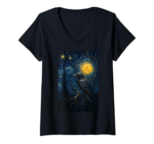 Damen Raven Under Starry Night Moon Fantasy Art Scene T-Shirt mit V-Ausschnitt Damen Raven Under Starry Night Moon Fantasy Art Scene T-Shirt mit V-Ausschnitt von Moonlit Familiar