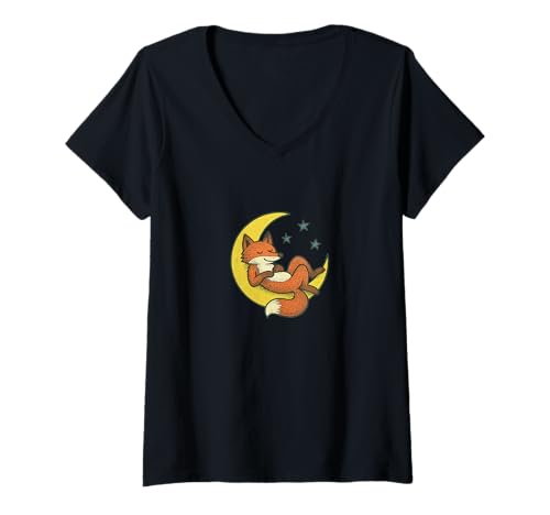 Damen Magischer roter Fuchs, der sanft auf silbernem Halbmond ruht T-Shirt mit V-Ausschnitt von Moonlit Forest Emporium