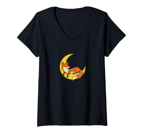 Damen Magischer roter Fuchs, der sanft auf silbernem Halbmond ruht T-Shirt mit V-Ausschnitt Damen Magischer roter Fuchs, der sanft auf silbernem Halbmond ruht T-Shirt mit V-Ausschnitt von Moonlit Forest Emporiums