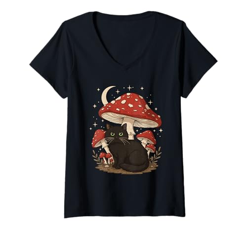 Damen Vintage Cottagecore Ästhetische Katze Pilz Grafik Fairycore T-Shirt mit V-Ausschnitt Damen Vintage Cottagecore Ästhetische Katze Pilz Grafik Fairycore T-Shirt mit V-Ausschnitt von Moonlit Forestcore Cat Apparel