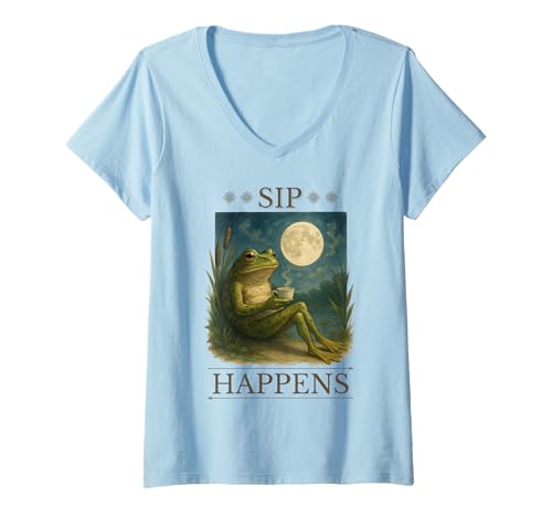 Damen Sip Happens Lustiger Frosch, Kaffee, Mondlicht T-Shirt mit V-Ausschnitt Damen Sip Happens Lustiger Frosch, Kaffee, Mondlicht T-Shirt mit V-Ausschnitt von Moonlit Frog outfits