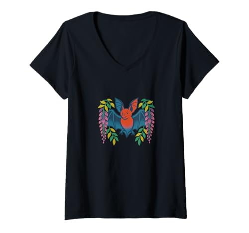 Damen Fledermaus und Glyzinie, Gothic-Blumenmuster, gruselig, von der Natur inspiriertes Design T-Shirt mit V-Ausschnitt von Moonlit Garden Flight Emporium