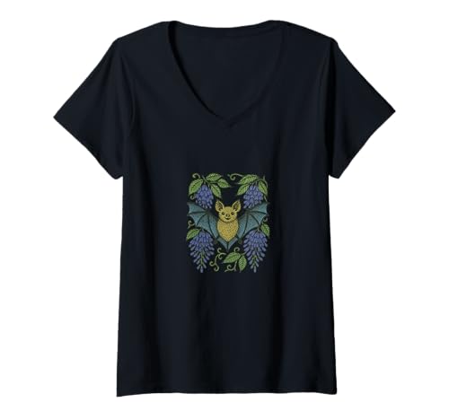 Damen Fledermaus und Glyzinie, Gothic-Blumenmuster, gruselig, von der Natur inspiriertes Design T-Shirt mit V-Ausschnitt Damen Fledermaus und Glyzinie, Gothic-Blumenmuster, gruselig, von der Natur inspiriertes Design T-Shirt mit V-Ausschnitt von Moonlit Garden Flight Emporiums