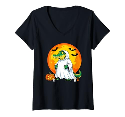 Damen Ghost Alligator Halloween Gruselige Alligator-Liebhaber T-Shirt mit V-Ausschnitt Damen Ghost Alligator Halloween Gruselige Alligator-Liebhaber T-Shirt mit V-Ausschnitt von Moonlit Gator Halloween Funny Crocodile