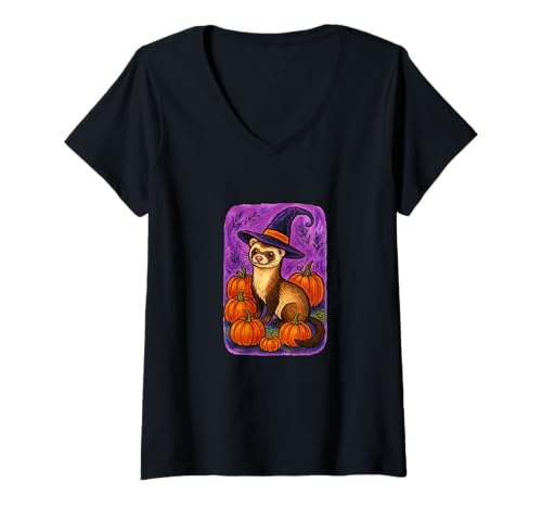 Damen Halloween Hexe Frettchen Kürbis Patch Magic T-Shirt mit V-Ausschnitt von Moonlit Mischief Den Art