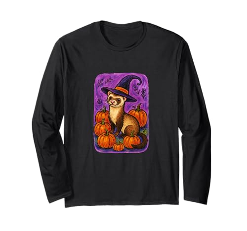 Halloween Hexe Frettchen Kürbis Patch Magic Langarmshirt von Moonlit Mischief Den Art