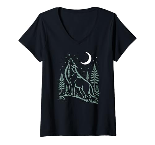 Damen Heulender Wolf unter Halbmond und Nachthimmel T-Shirt mit V-Ausschnitt von Moonlit Nature Apparel Gifts by Anastasia