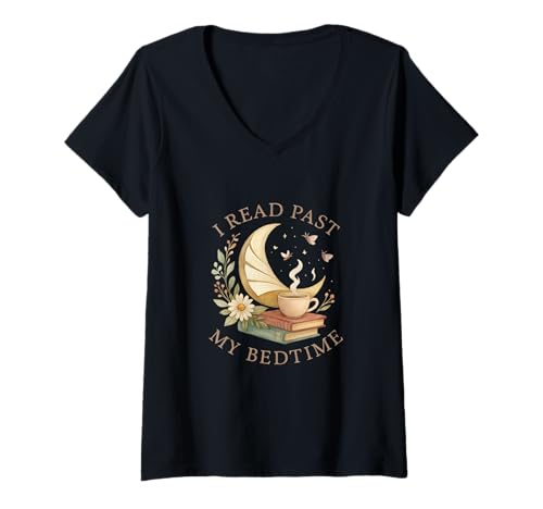 Damen I Read Past My Bedtime Cozy Moon Book Lover T-Shirt mit V-Ausschnitt Damen I Read Past My Bedtime Cozy Moon Book Lover T-Shirt mit V-Ausschnitt von Moonlit Reader Club