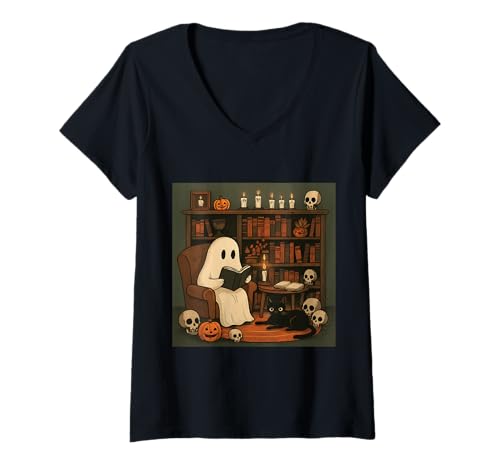 Damen Gemütliche Halloween-Leseseszene mit Geist und schwarzer Katze T-Shirt mit V-Ausschnitt Damen Gemütliche Halloween-Leseseszene mit Geist und schwarzer Katze T-Shirt mit V-Ausschnitt von Moonlit Whimsy Co.