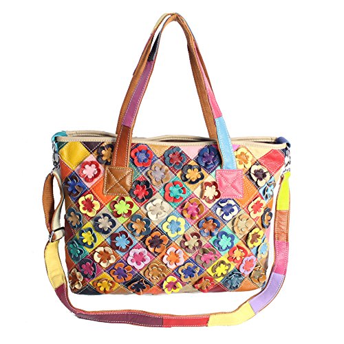 Moonsister Mode Damen Echts Leder Umhängetasche, Bunt Broschierung Blumen Schultertasche Einkaufen Freizeit Handtasche von Moonsister