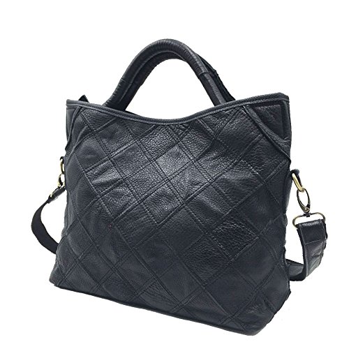 Moonsister Mode Damen Echts Leder Umhängetasche, Große Kapazität Mehrfarben Broschierung Gitter Schultertasche Käufer Tasche, Schwarz von Moonsister