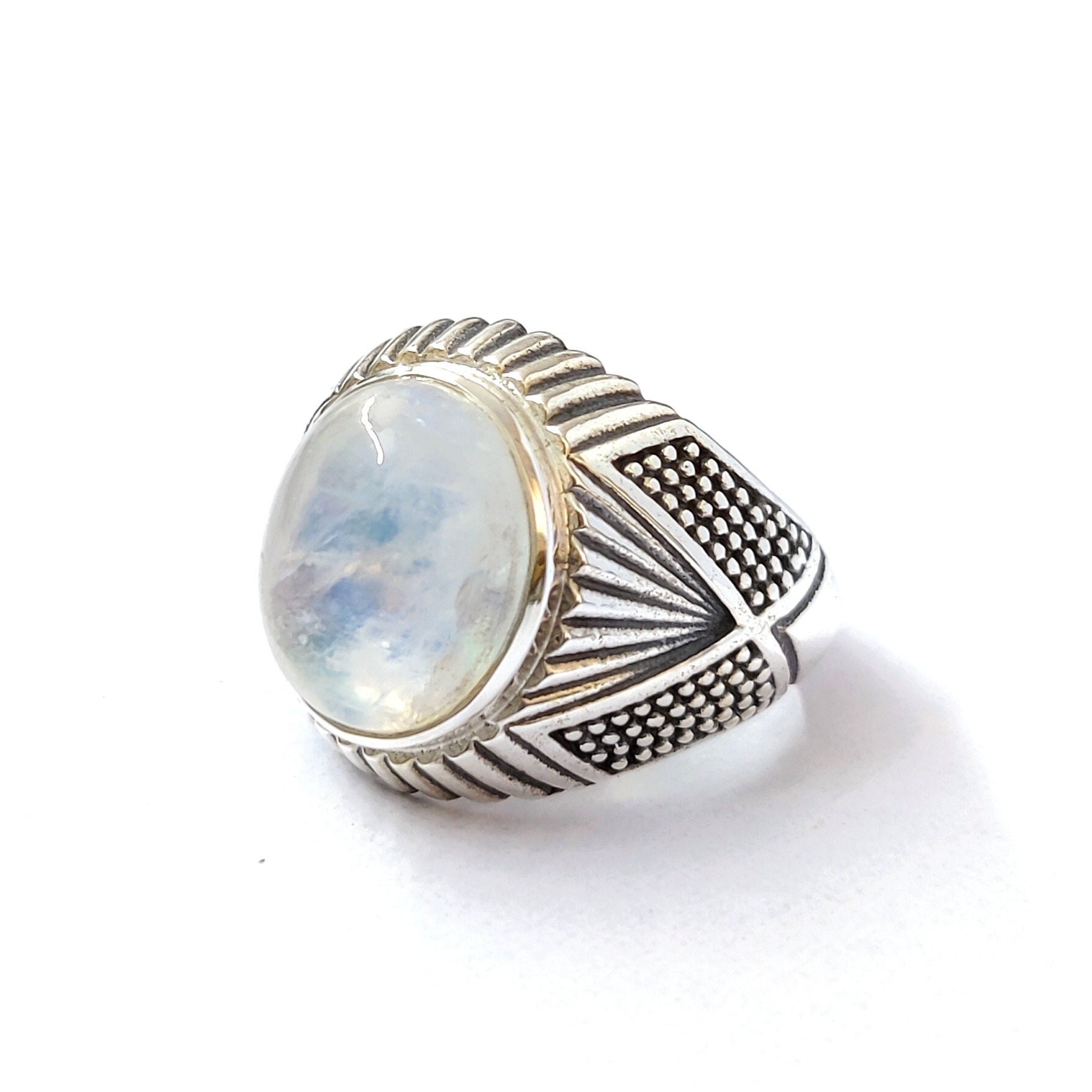 Natürlicher Mondstein Ring, 925 Sterling Silber Handgemachter Wunderschöner Blauer Regenbogen Ring Für Frauen, Hippie Versprechen von Moonstoneringstore