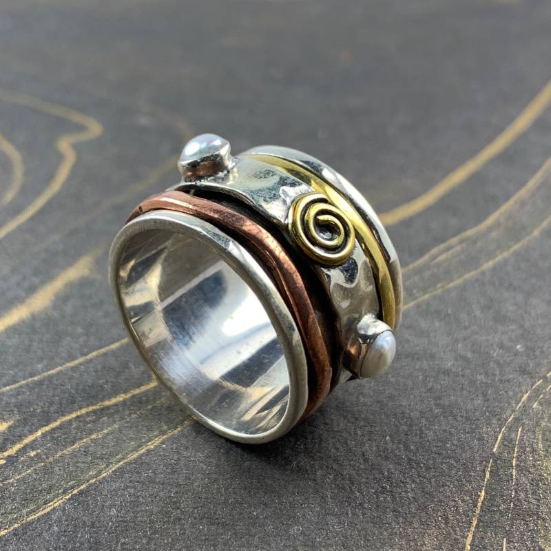 Perlen Spinner Ring - Zappeln Spinner-Angst Ring 925 Sterling Silber-Handgemachter Ring-Multi Spins Ring-Daumen Ring-Stress Relief-Ring Für Geschenk von Moonstoneringstore