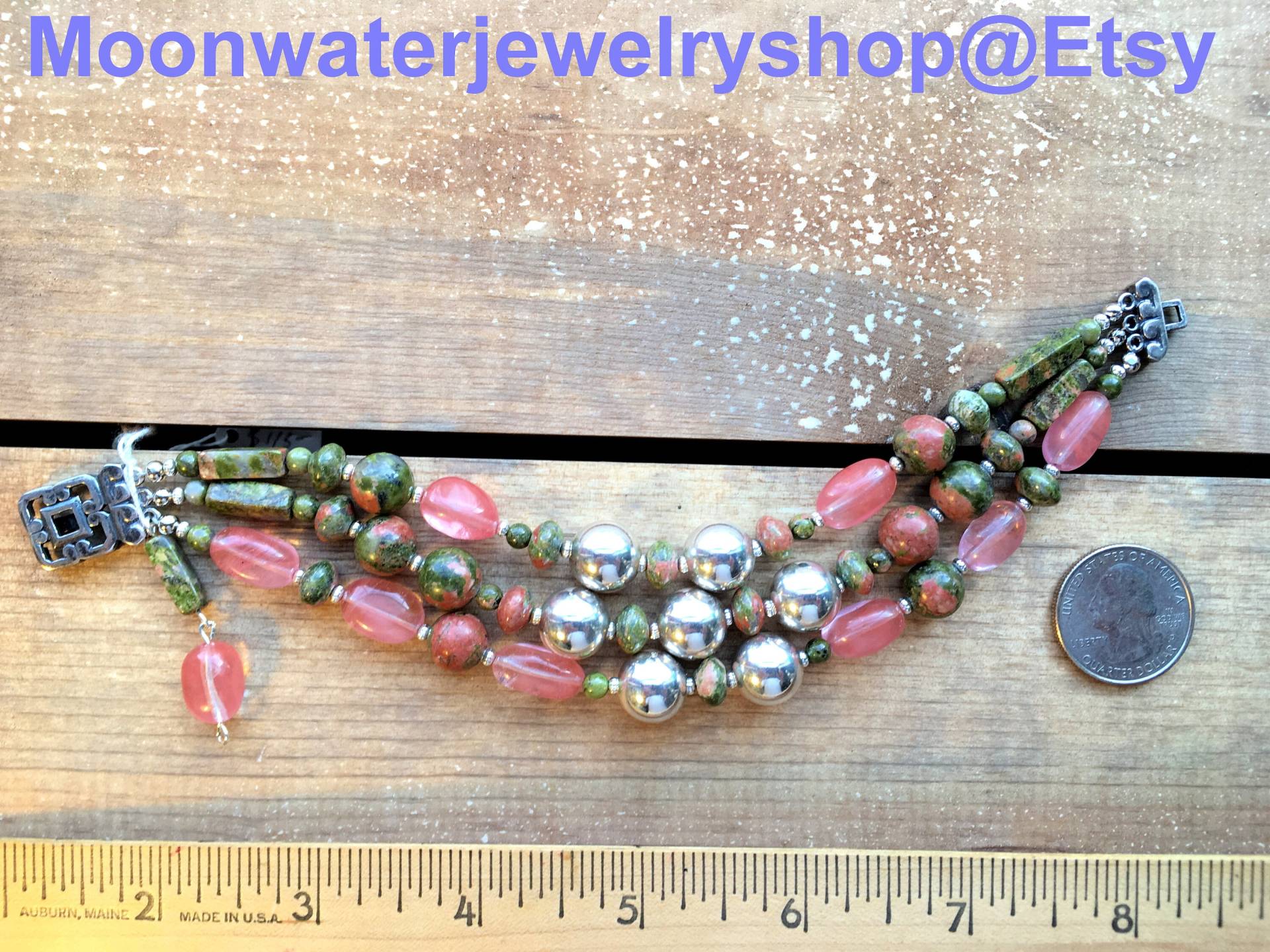 3 Strang Unakit, Strawberry Quartz Und Sterling Silber Perlen Macht Es Mutig Verfügt Über Eine Coole Mischung Von Farben in Diesem Handgefertigten von MoonwaterJewelryShop