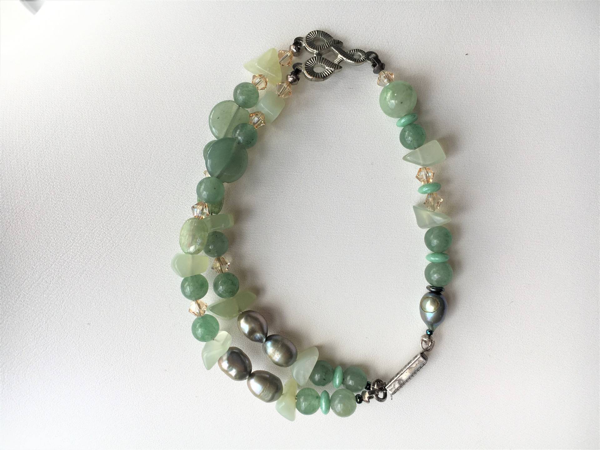 Grün Kyanit, Jade Und Aventurin, Zuchtperlen, Swarovski, Schöne 2 Strang Handgefertigte Armband in Sterling Silber Filigran Kastenverschluss Fertig von MoonwaterJewelryShop