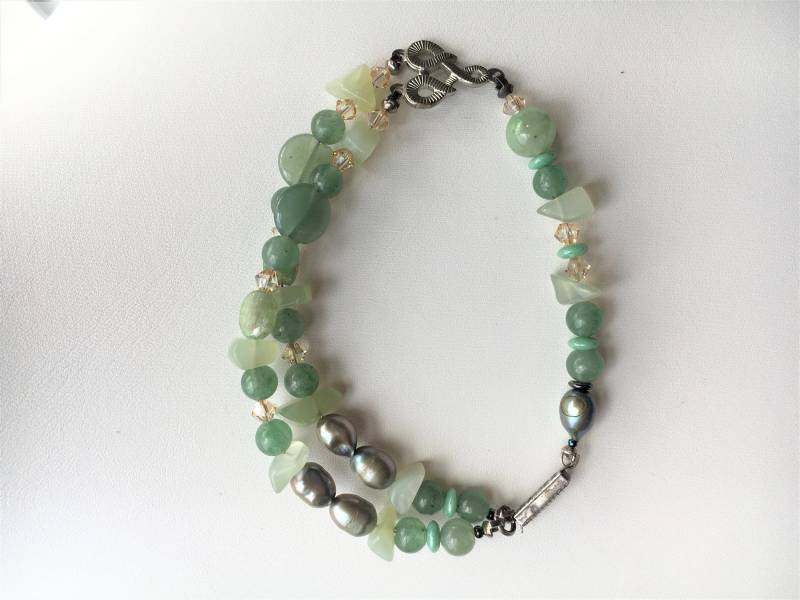 Grün Kyanit, Jade Und Aventurin, Zuchtperlen, Swarovski, Schöne 2 Strang Handgefertigte Armband in Sterling Silber Filigran Kastenverschluss Fertig von MoonwaterJewelryShop