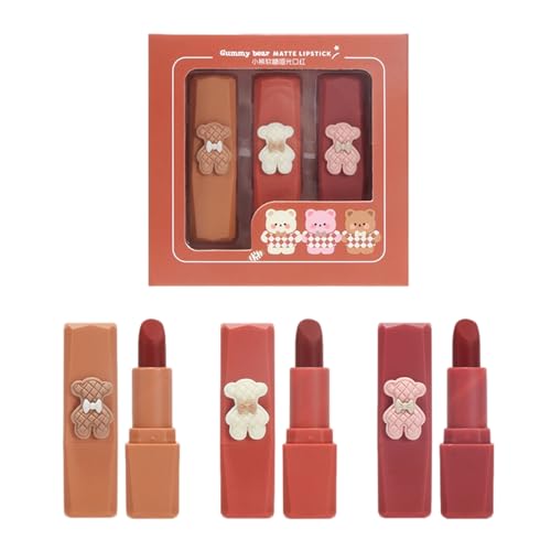 Mattes Lippenstift-Make-up-Set,Niedlicher Bären-Design-Make-up-Lippenstift | 3-teiliges, langlebiges Lipgloss-Set, pigmentiertes Lippen-Make-up, Geschenk für Frauen Moonyan von Moonyan