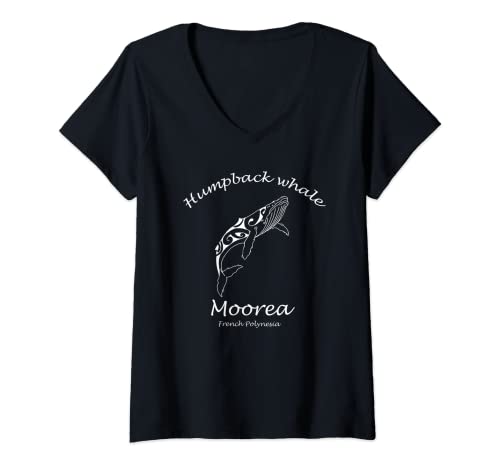 Damen Buckelwal von Moorea, polynesischer Tribal-Tattoo-Wal T-Shirt mit V-Ausschnitt Damen Buckelwal von Moorea, polynesischer Tribal-Tattoo-Wal T-Shirt mit V-Ausschnitt von Moorea Vacation by Lauranna Pacific