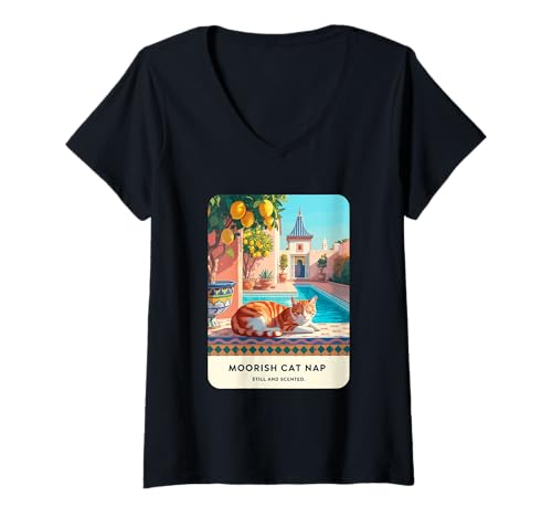Damen Katze Zitrone marokkanischer Innenhof Pool Relax Calm T-Shirt mit V-Ausschnitt Damen Katze Zitrone marokkanischer Innenhof Pool Relax Calm T-Shirt mit V-Ausschnitt von MoorishPaws