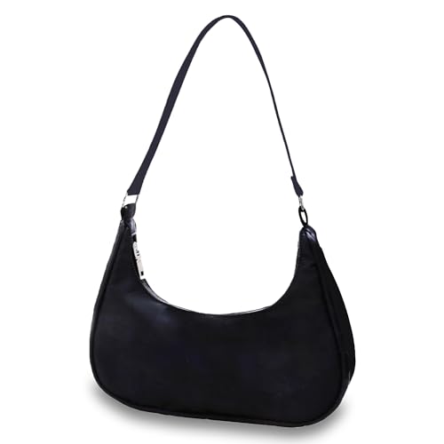 Moorle Umhängetasche Damen, Schwarz Kleine Handtasche, 90s Damen Schultertasche Handbag, Fashion Schultertaschen, Retro Klein Umhänge Tasche, Nylon Unterarmtasche von Moorle