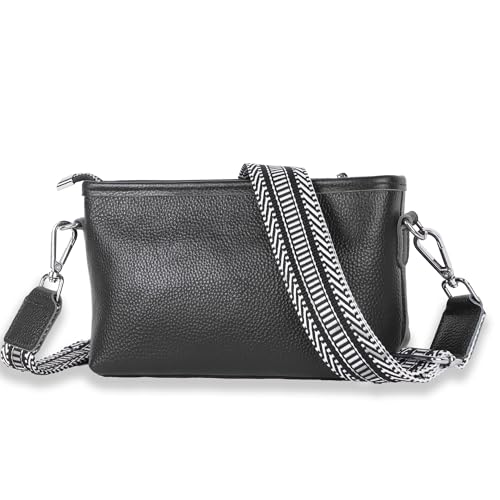 Moorle Umhängetasche Damen Mit Breiter Gurt Leder, Klein Crossbody Bag Damen Echtleder, Handtasche Damen Umhängetasche Schwarz, Schultertasche Mit Reißverschluss Und Schultergurten Zum Umhängen Frauen von Moorle