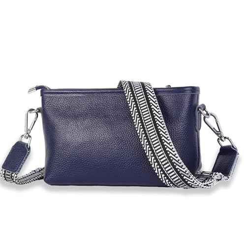 Moorle Umhängetasche Damen mit Breiter Gurt Leder, Klein Crossbody Bag Damen Echtleder, Handtasche Damen Umhängetasche Saphirblau, Schultertasche Mit Reißverschluss Und Schultergurten Zum Frauen von Moorle