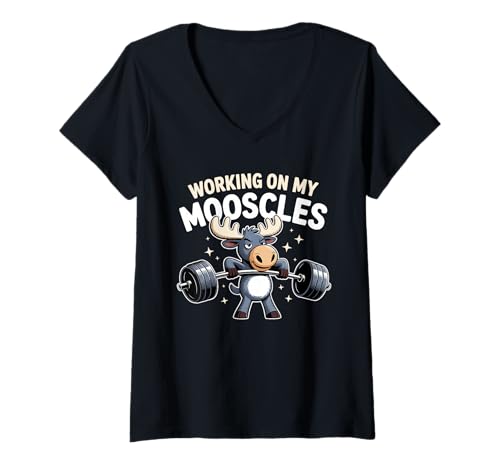 Damen Working On My Mooses Moose Humor Fitnessstudio für Herren und Damen T-Shirt mit V-Ausschnitt von Mooscles Deer Humor Gym Fitness Meme Joke Fun