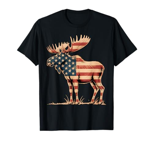 Elch USA Flagge Retro Vintage Elch Liebhaber für Frauen Kinder Männer T-Shirt von Moose American Flag 4th of July Novelty