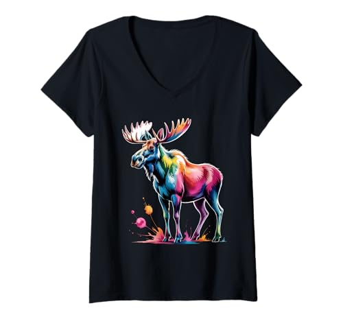 Damen Elch Poster Stil Bunte Farbspritzer Kunst Grafik T-Shirt mit V-Ausschnitt von Moose Lover Apparel & Arts