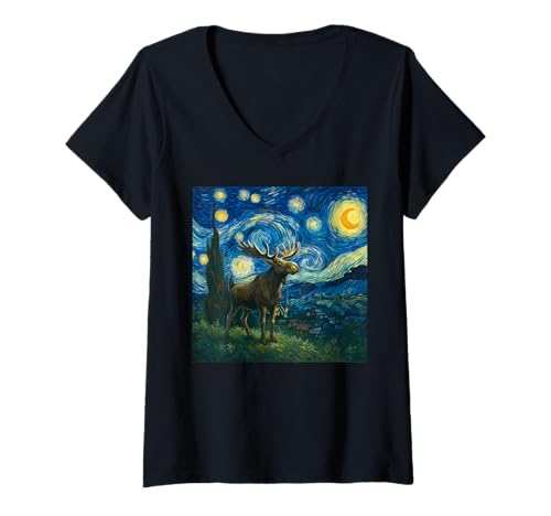 Damen Lustiger Elch Sternennacht Heulender Mond Hamster Liebhaber Kinder T-Shirt mit V-Ausschnitt Damen Lustiger Elch Sternennacht Heulender Mond Hamster Liebhaber Kinder T-Shirt mit V-Ausschnitt von Moose Lover Starry Night Apparel for Men Women