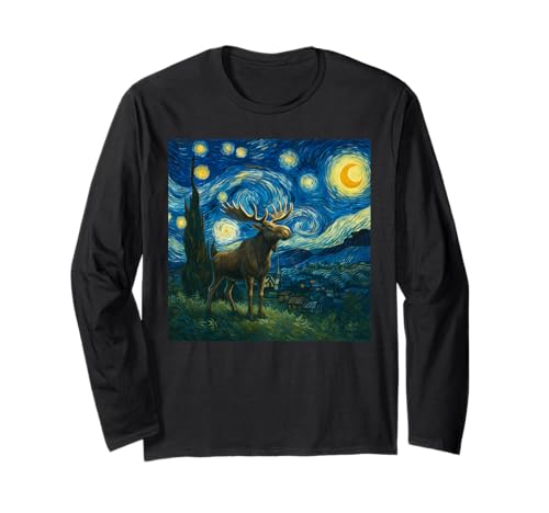 Lustiger Elch Sternennacht Heulender Mond Hamster Liebhaber Kinder Langarmshirt von Moose Lover Starry Night Apparel for Men Women