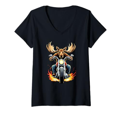 Damen Elch reitet Motorrad Design Lustiger Elch T-Shirt mit V-Ausschnitt von Moose Lovers Designs