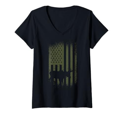 Damen Elch Camo US Flagge Elch T-Shirt mit V-Ausschnitt von Moose Present