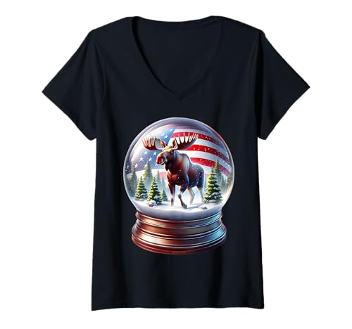 Damen Elch Amerika Moose T-Shirt mit V-Ausschnitt Damen Elch Amerika Moose T-Shirt mit V-Ausschnitt von Moose US Fahne Herren Damen