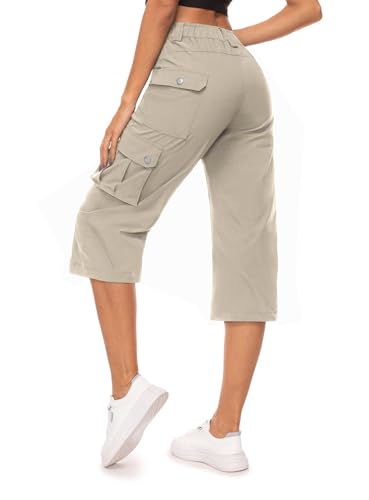 Moosehill Hose Damen 3/4 Cargo Caprihose Wanderhose Wasserdicht Trekkinghose Atmungsaktiv Cargohose Sommerhose Stretch Outdoor Sport Reise Hose Mit 6 Taschen(Beige,3XL) von Moosehill
