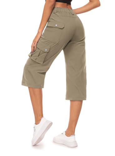 Moosehill Hose Damen 3/4 Cargo Caprihose Wanderhose Wasserdicht Trekkinghose Atmungsaktiv Cargohose Sommerhose Stretch Outdoor Sport Reise Hose Mit 6 Taschen(Khaki,L) von Moosehill