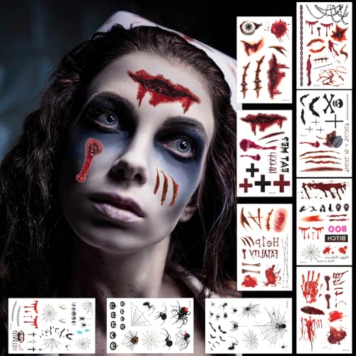 Halloween Tattoos, 10 Blatt Halloween Kostüm Damen Vampir Tattoo Gesicht Aufkleber, Vampir Zombie Spinnen Hexen Horror Narben Wunden Gruselig Gesichtstattoo, Erwachsene Kinder Schminke Accessoires von Moosono