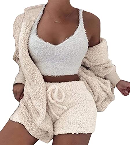 Frauen Fluffy Crop Top Teddy Coat Shorts Sets 3Pcs / Set Loungewear Damen Mädchen Dreiteilig Ensembles de Pyjama Warm Coral Fleece Samt Nachtwäsche Kapuzenpullover Jacke Crop Tank Top und Shorts von Mooyii