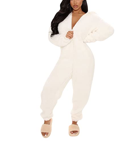 Mooyii Damen Jumpsuit Teddy Fleece Schlafanzug Einteiler Winter Warm Onesie Plüsch Kuschelig Overall Flauschig Hausanzug Lang Schlafoverall Weich Pyjama Schlafanzug mit Kapuze & Reißverschluss von Mooyii